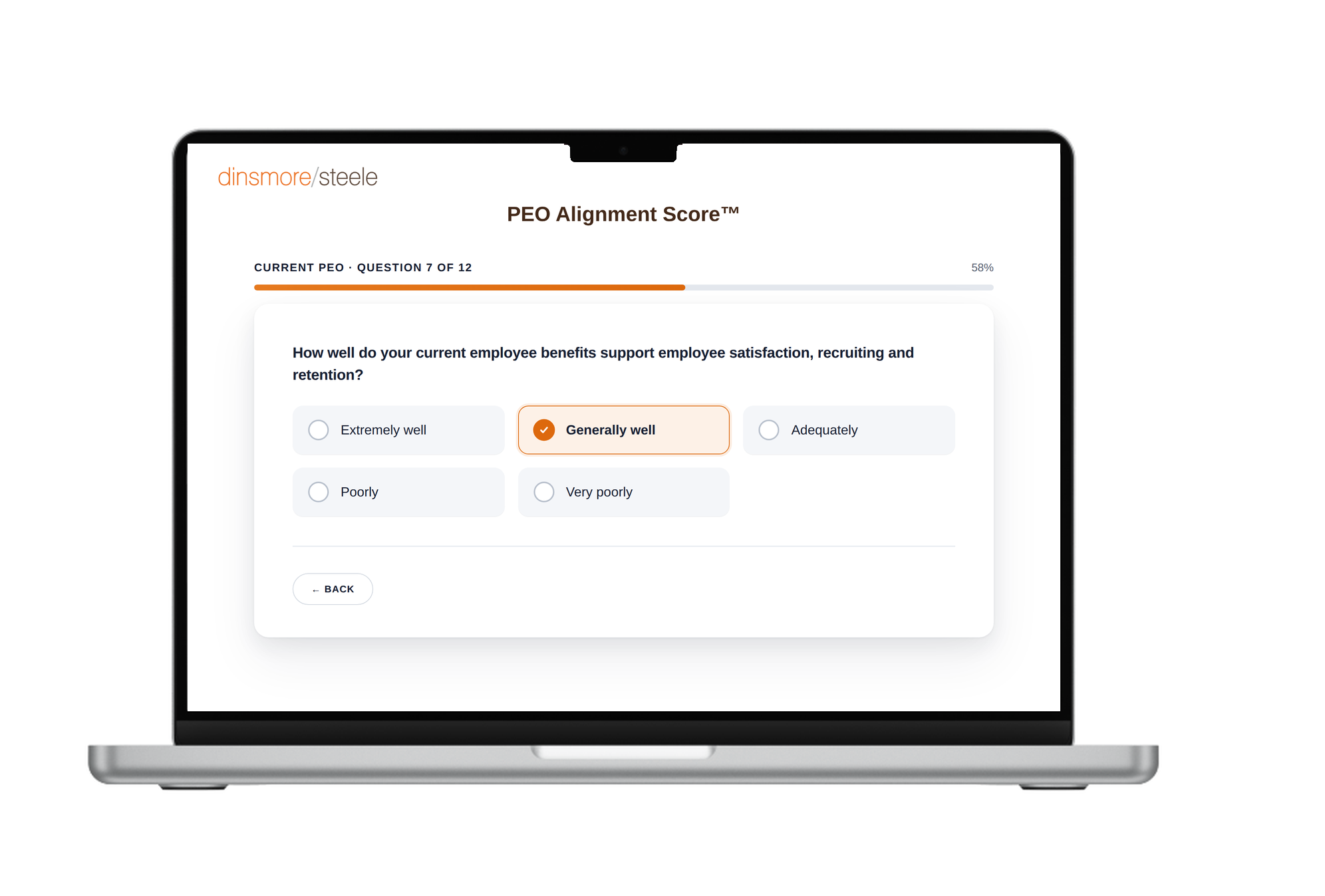 The PEO Alignment Score™ assessment on a laptop screen
